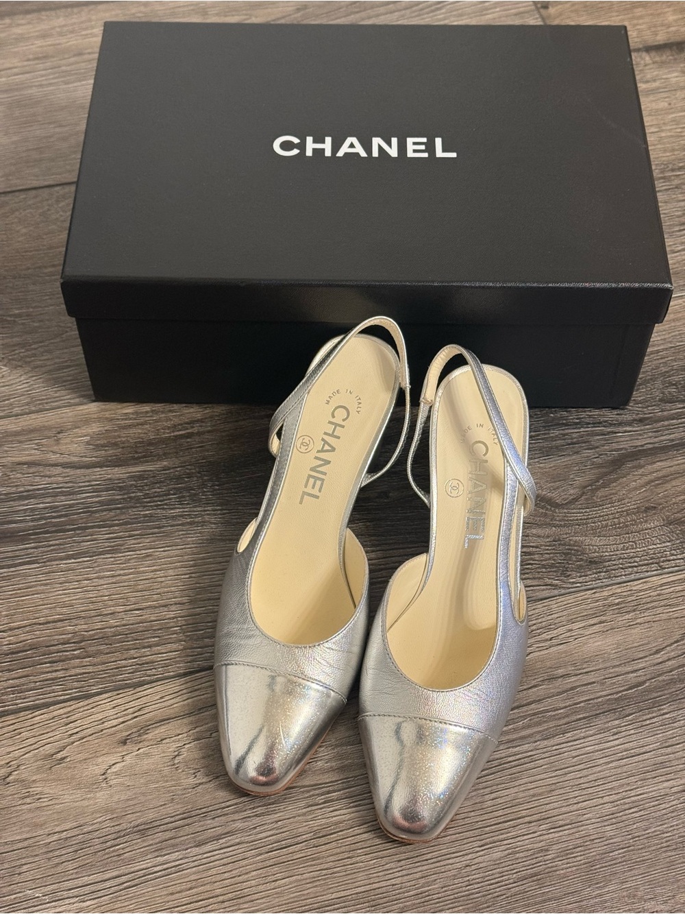 Chanel Classic Silver Leather Slingback Heels Size - Size 36C
